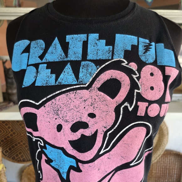 Grateful Dead Custom Cut Cropped Black Tank Top with Pink and Blue Bear M? - Picture 3 of 15